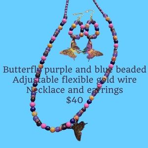 Butterfly purple and blue beaded adjustable necklace and earrings